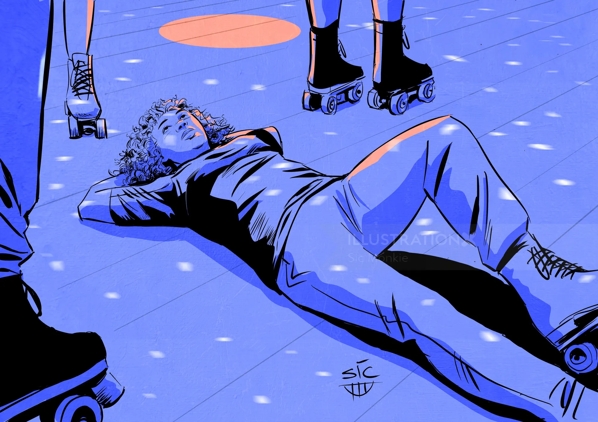 Person lying on the ground looking up while others roller skate nearby