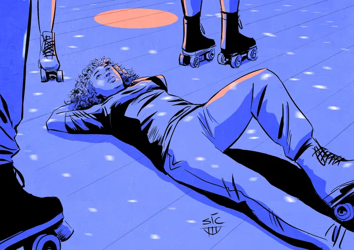 Person lying on the ground looking up while others roller skate nearby