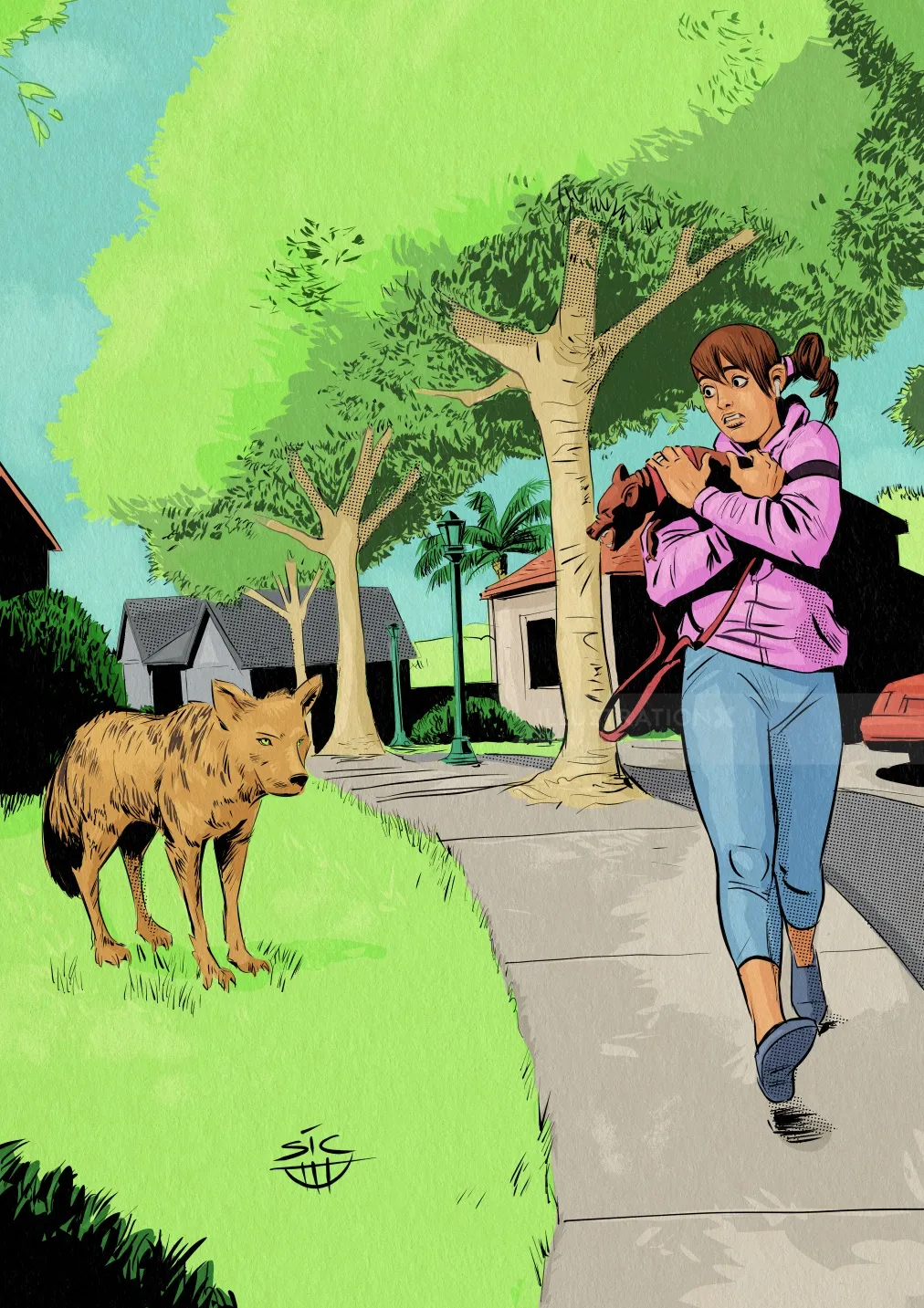 Editorial illustration on protecting dog