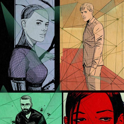 Illustration of four characters from Ex Machina in stylized panels