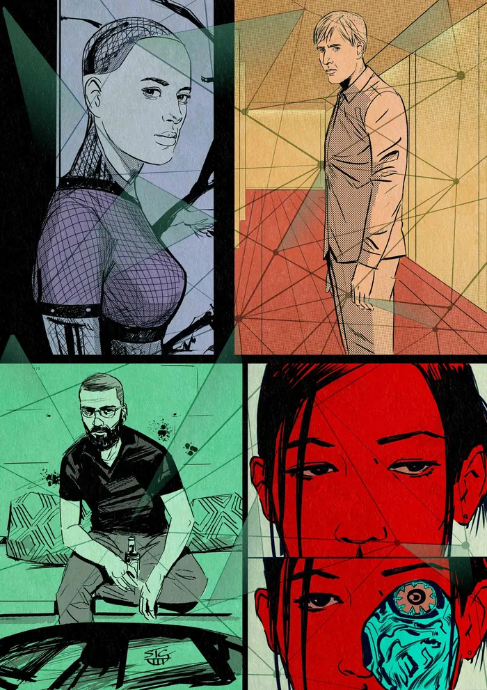 Illustration of four characters from Ex Machina in stylized panels