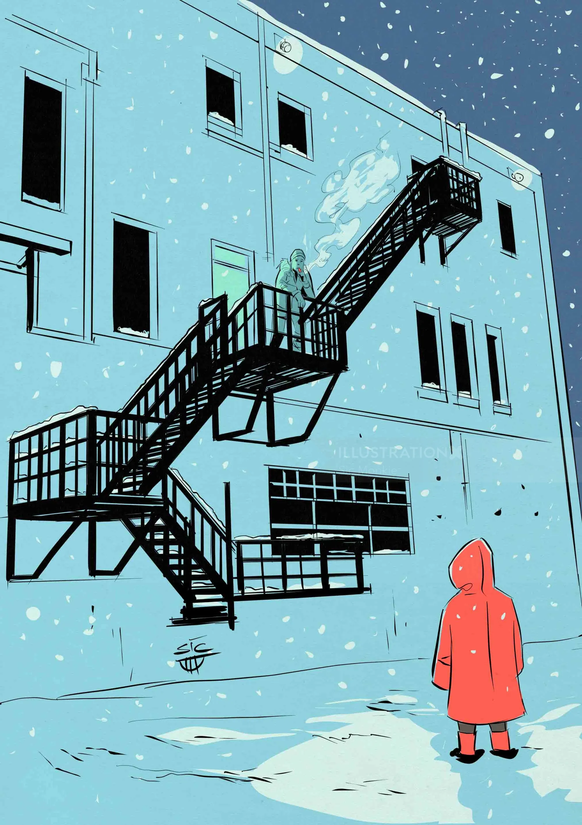 Person in red coat looking at snow-covered building and stairs