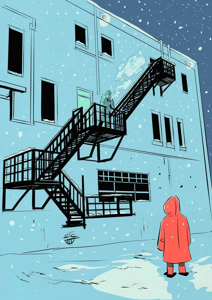 Person in red coat looking at snow-covered building and stairs