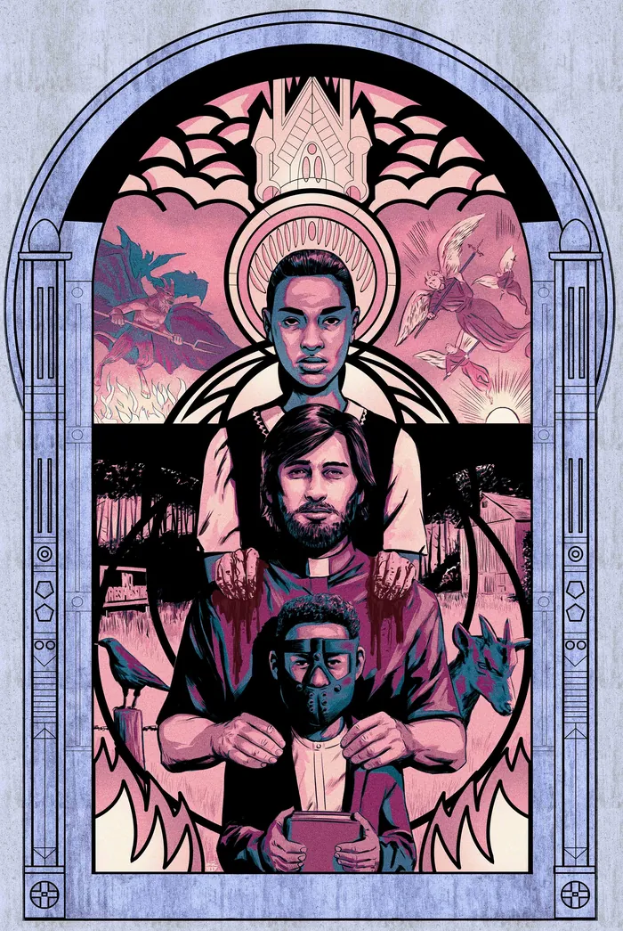Stained glass style illustration of three men with religious motifs