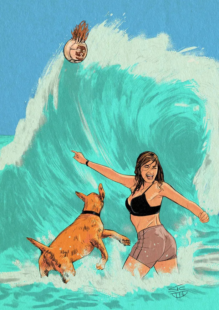 Woman and dog playing near a large breaking ocean wave with a floating ball
