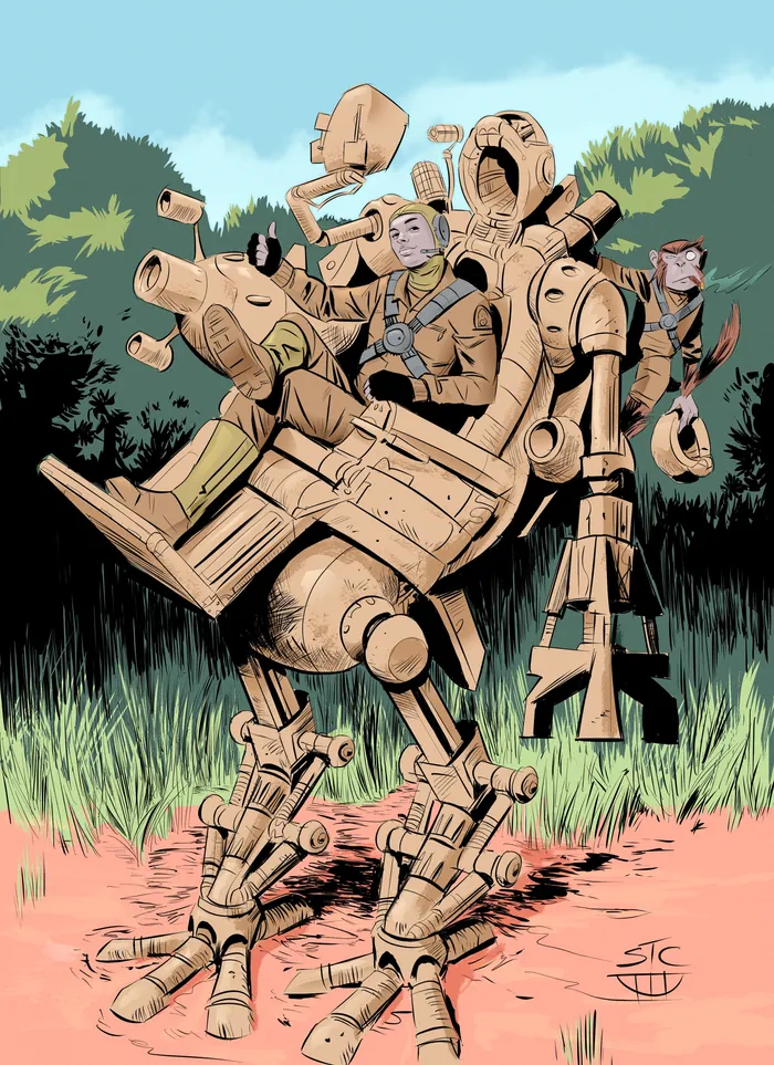 Man riding a large wooden robot in a forest clearing
