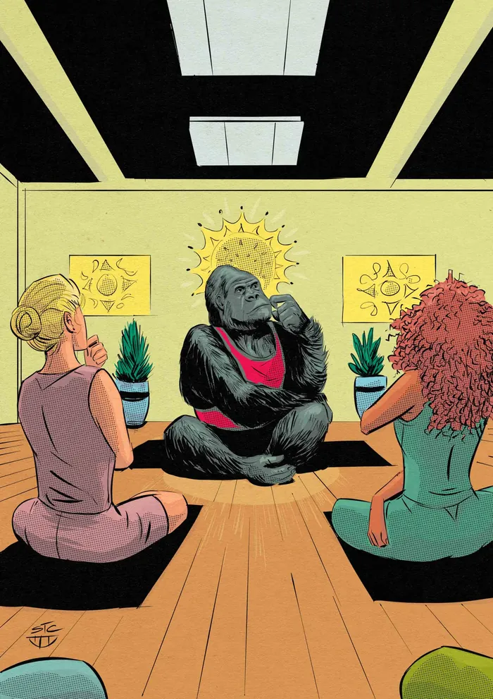 Gorilla in yoga pose with two women in a studio