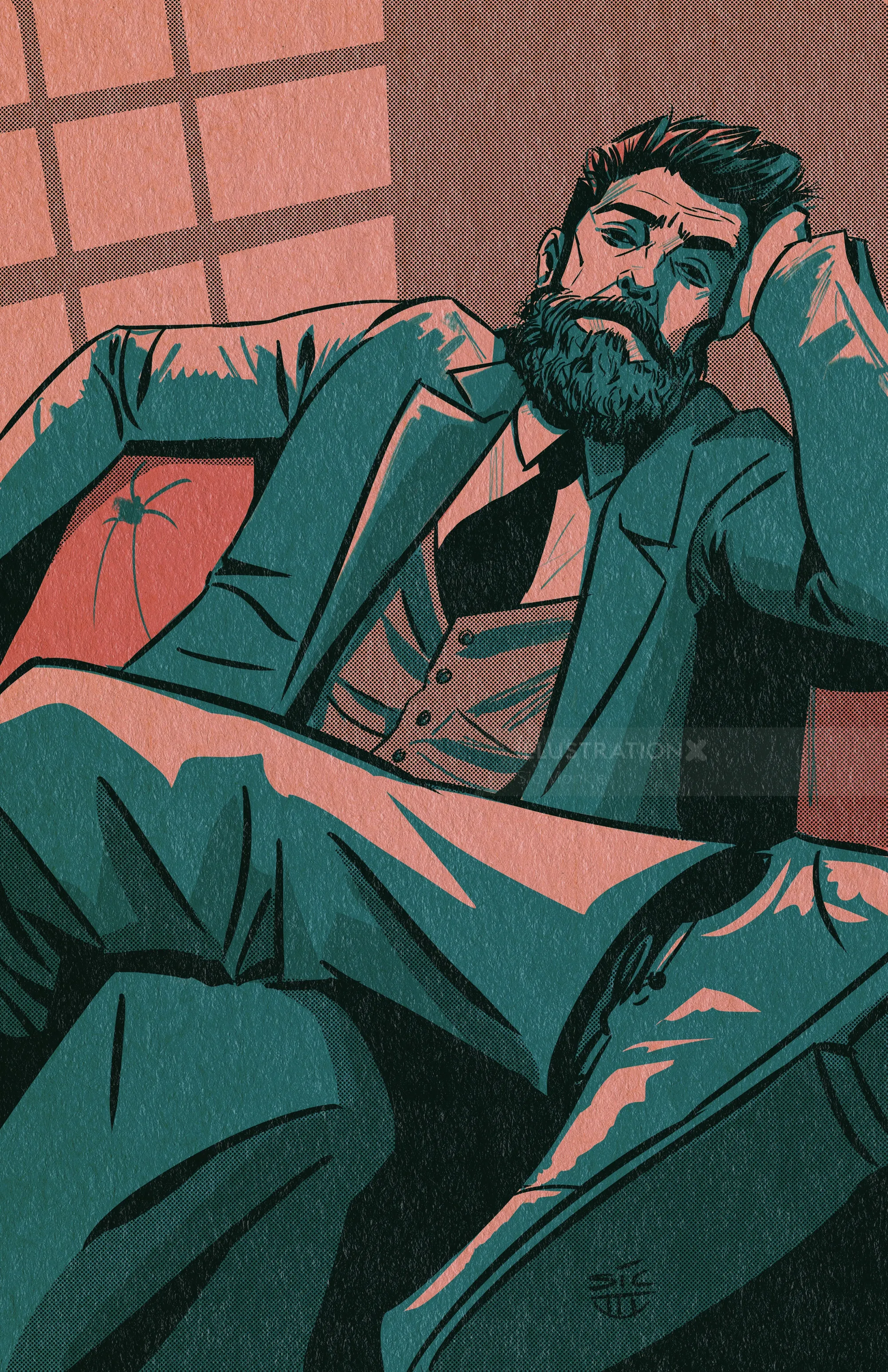 Bearded man reclining on couch in a relaxed pose