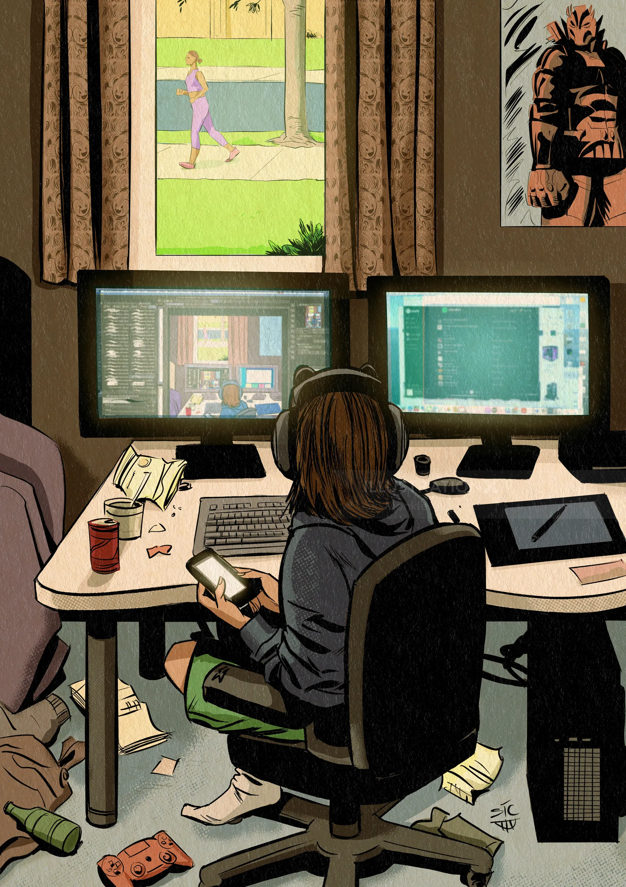 Person monitoring multiple computer screens in command center