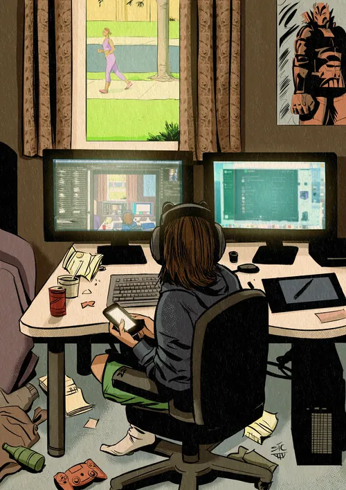 Person monitoring multiple computer screens in command center