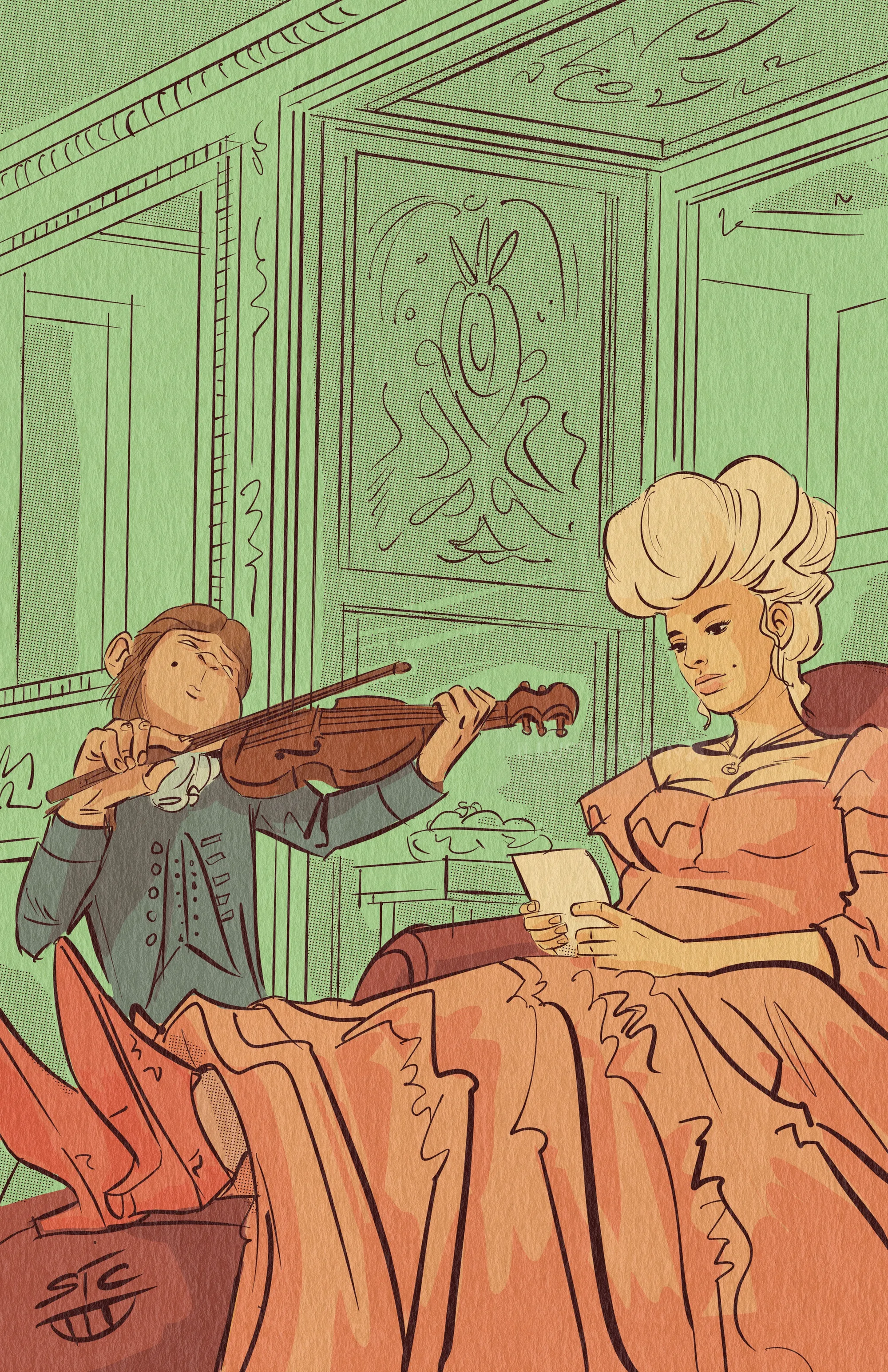 Person playing violin for a seated listener in elegant room