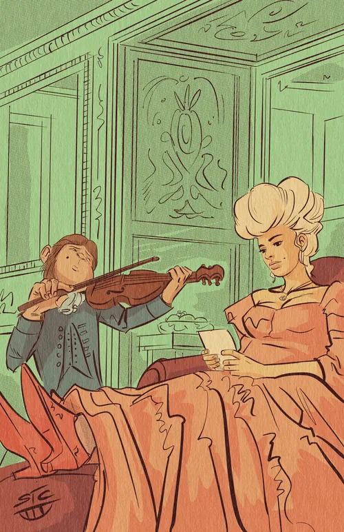 Person playing violin for a seated listener in elegant room