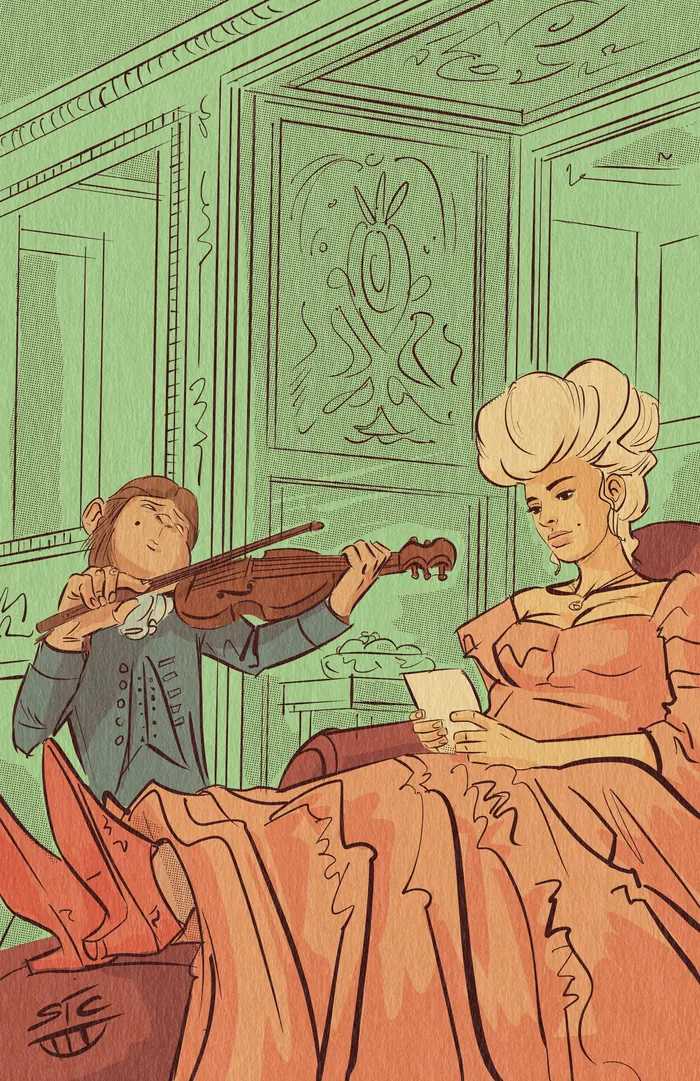 Person playing violin for a seated listener in elegant room