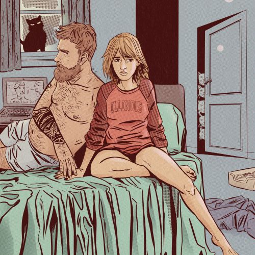 Man and woman sitting on bed with cat on windowsill nearby