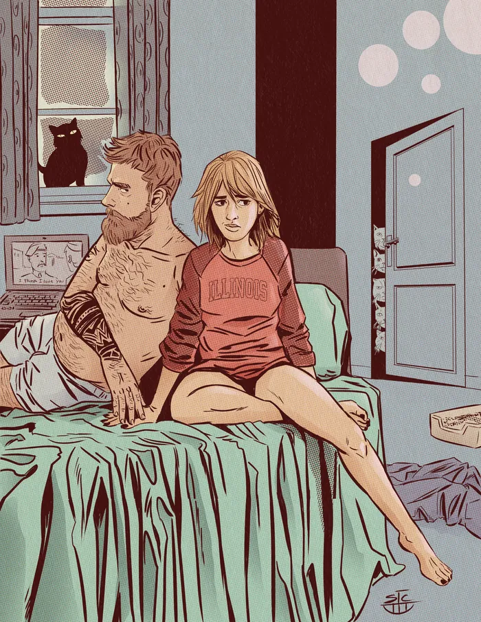 Man and woman sitting on bed with cat on windowsill nearby