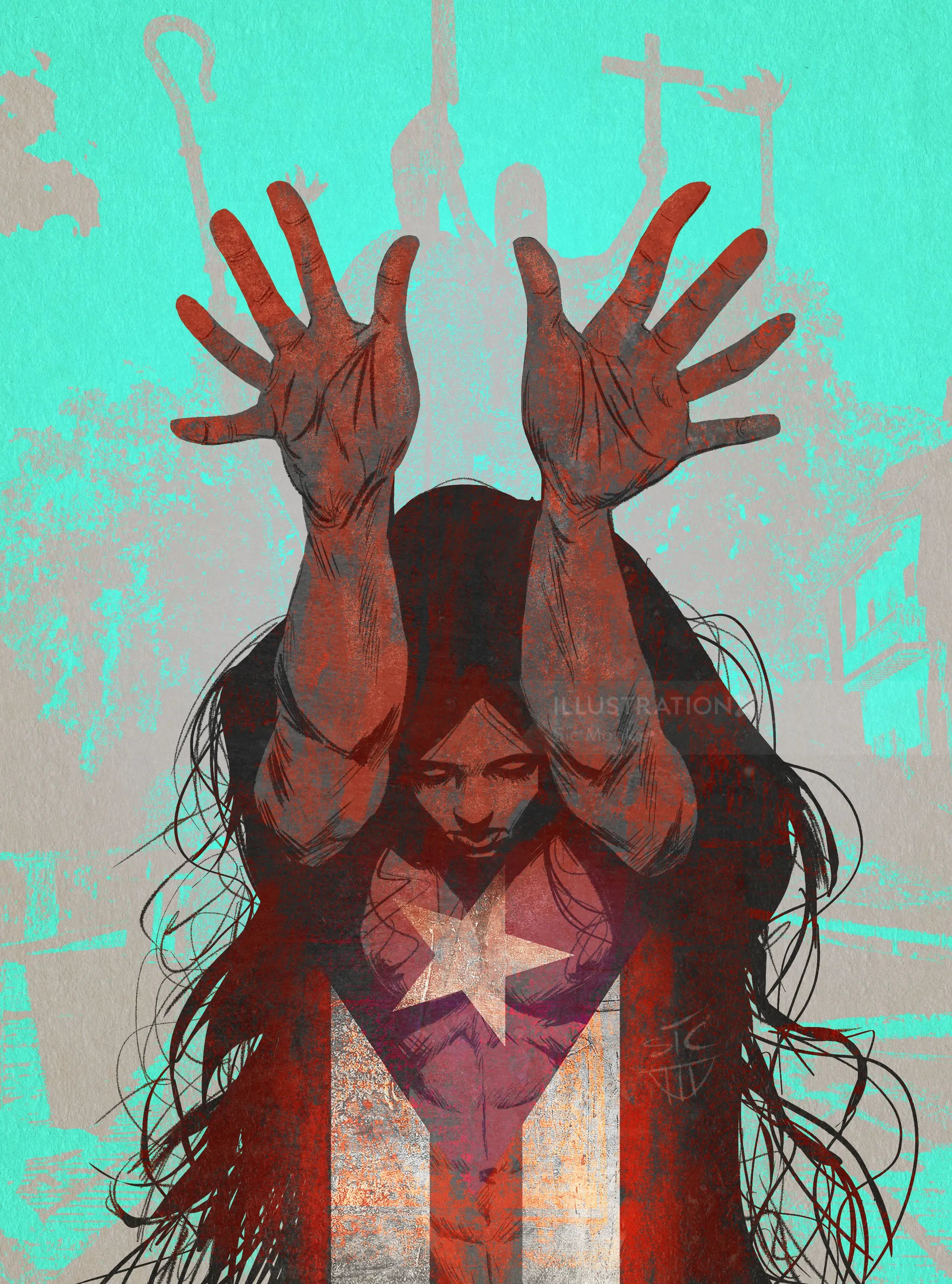 Person raising hands with star on chest and crosses in background