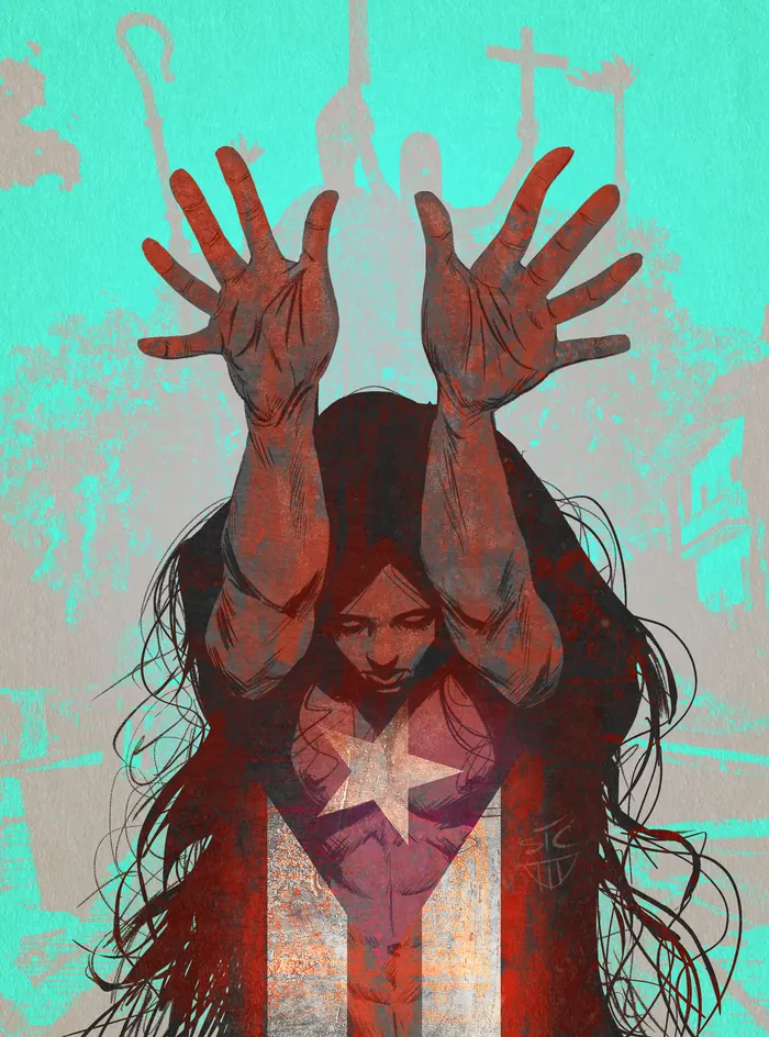 Person raising hands with star on chest and crosses in background