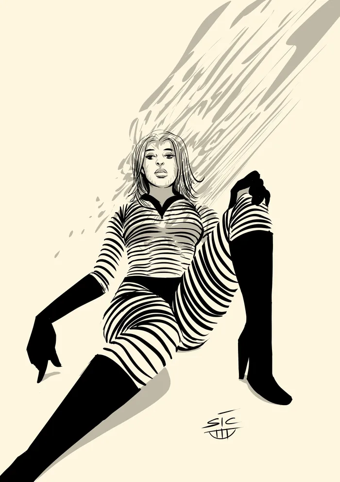 Woman in striped outfit and boots leaning back dynamically