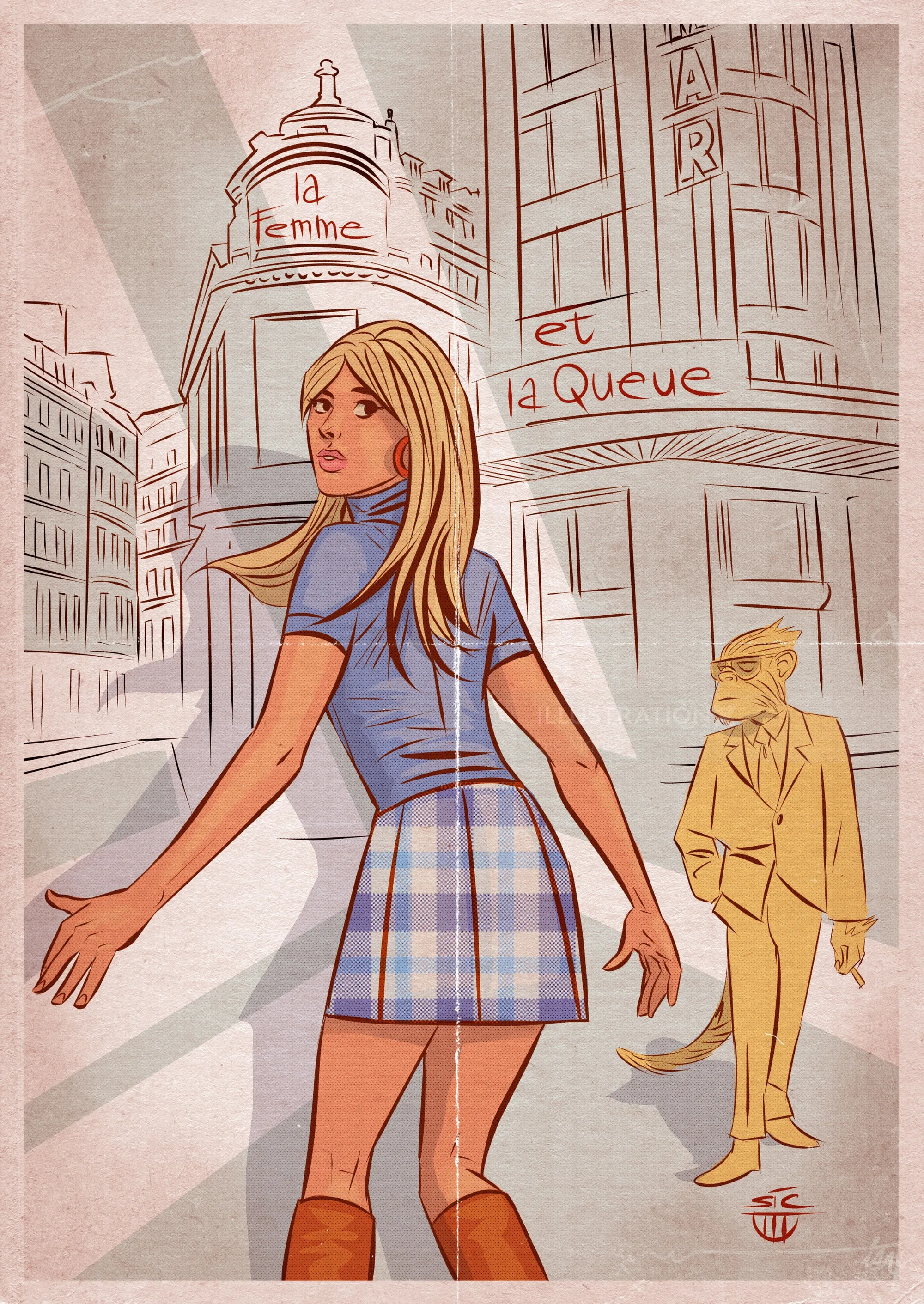 Young woman in plaid skirt looking back in city street scene
