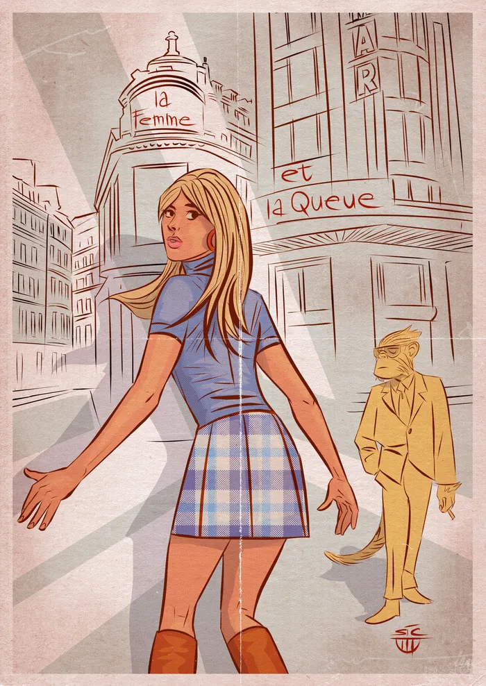 Young woman in plaid skirt looking back in city street scene