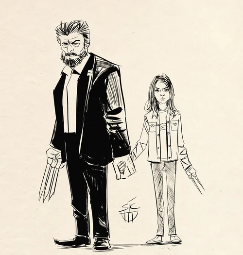 Black and white drawing of a man and young girl holding hands with claws