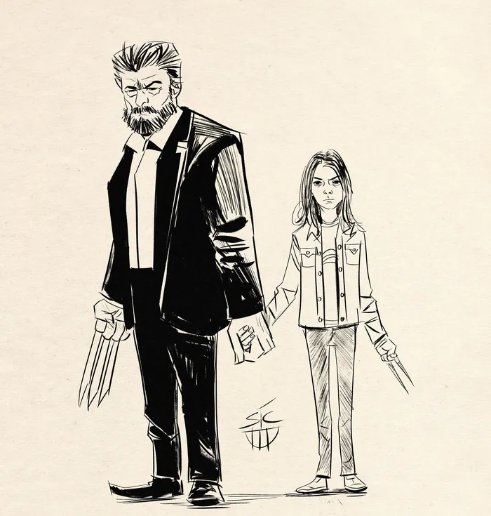 Black and white drawing of a man and young girl holding hands with claws