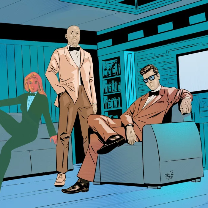 Two men in tuxedos and a woman in a green dress in a lounge