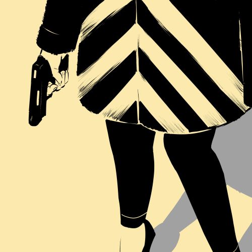 Person in striped coat holding a gun with a clenched fist on the ground