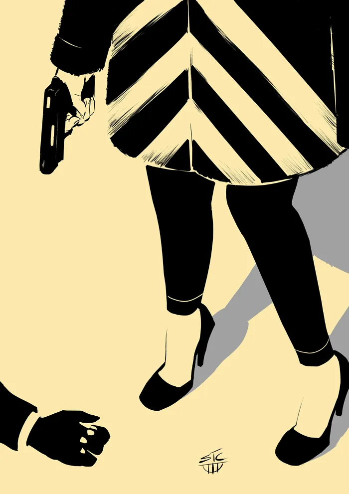 Person in striped coat holding a gun with a clenched fist on the ground