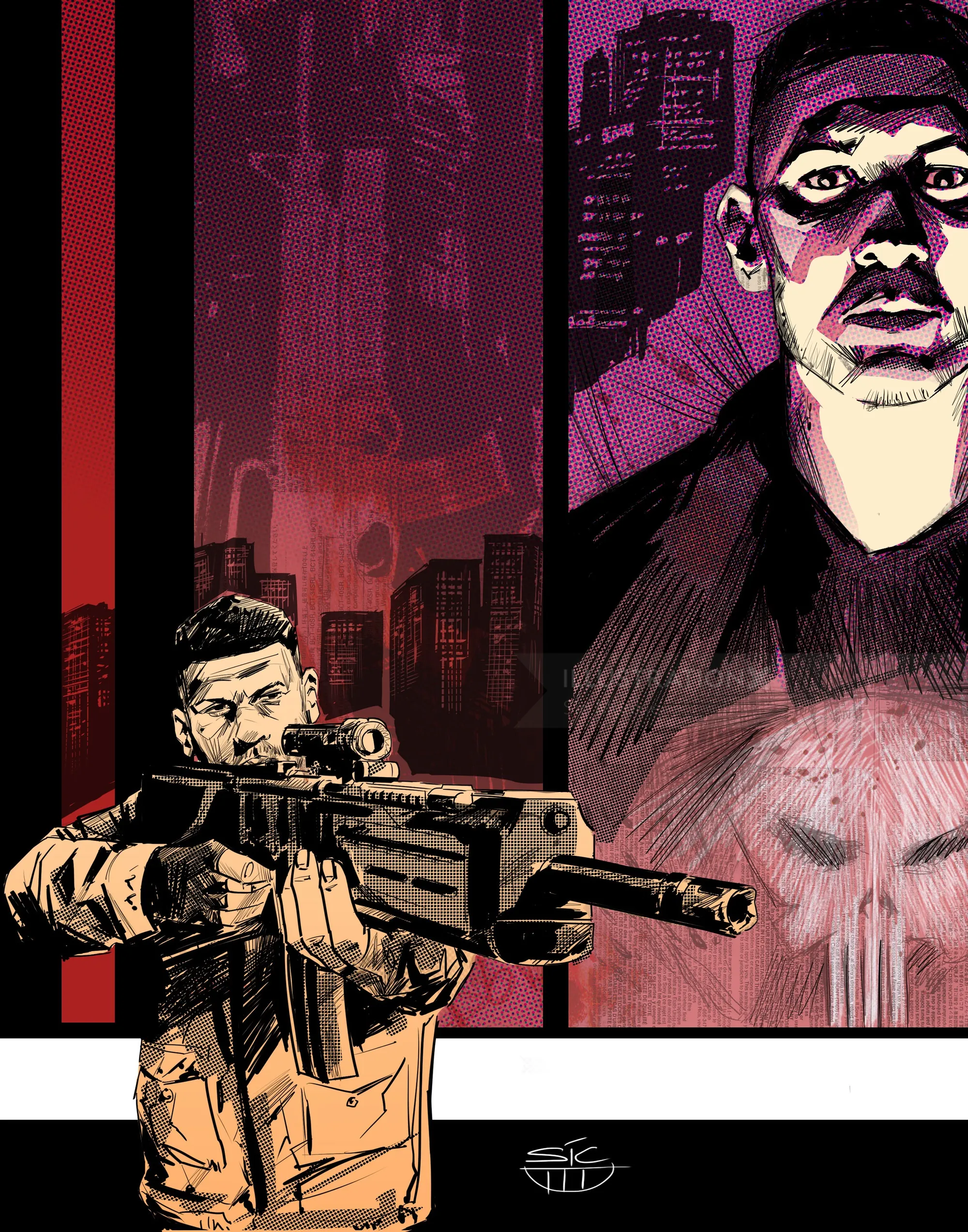 The Punisher aiming a gun with a city skyline in the background