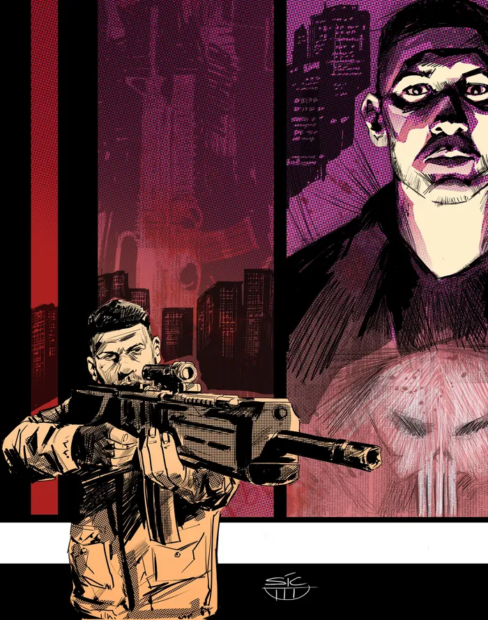 The Punisher aiming a gun with a city skyline in the background