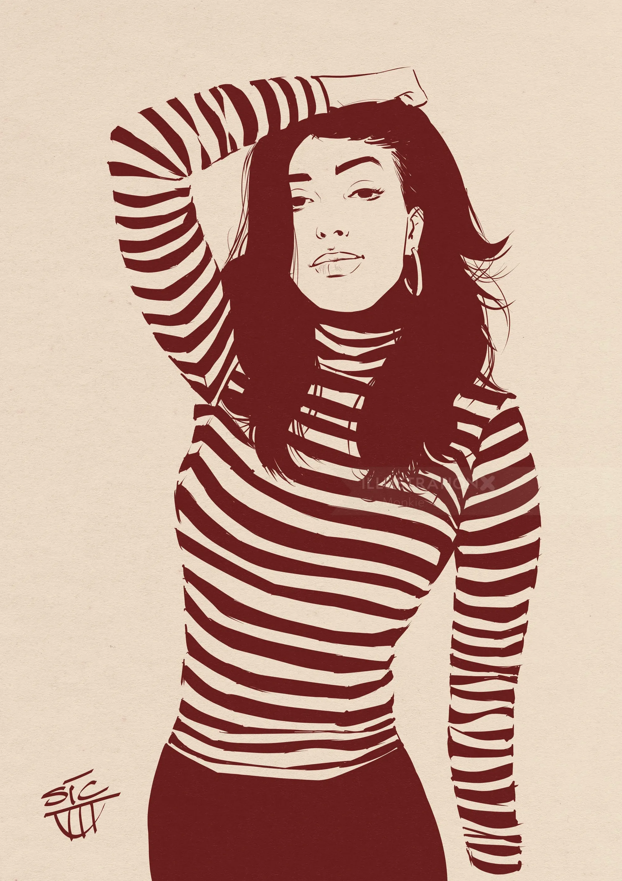 Illustration of a woman in a striped turtleneck posing with hand on head