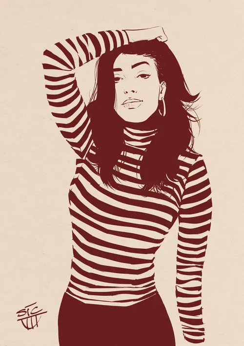 Illustration of a woman in a striped turtleneck posing with hand on head