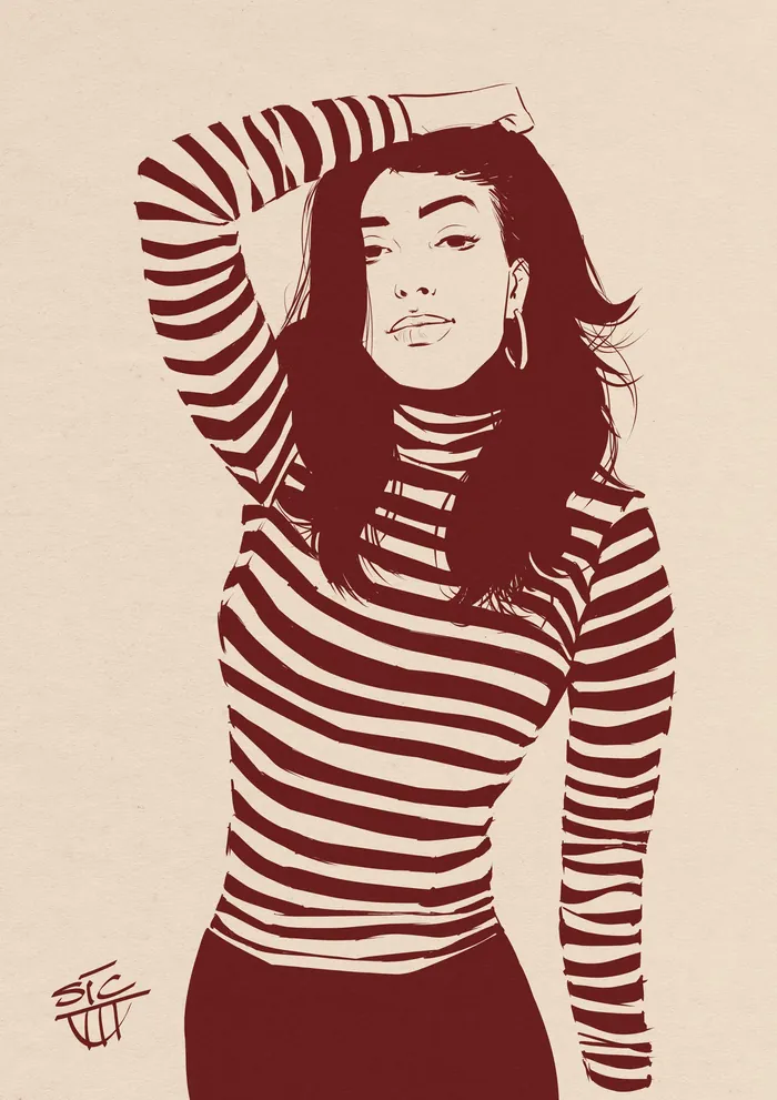 Illustration of a woman in a striped turtleneck posing with hand on head