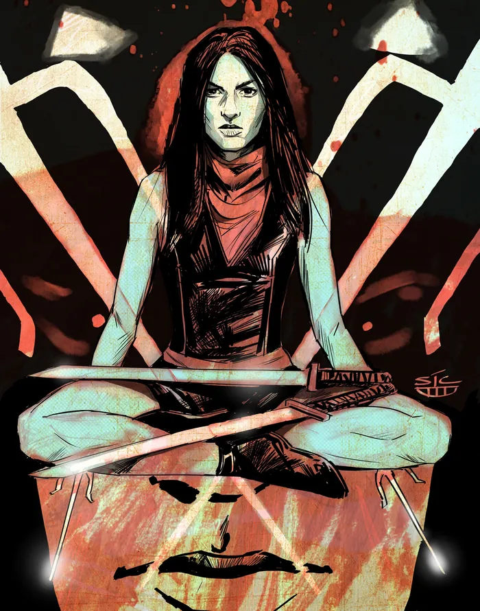 Elektra sitting cross-legged with swords in front and knives behind