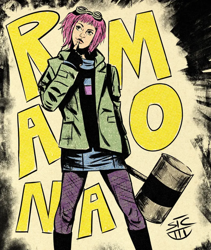Illustration of Ramona Flowers with pink hair and hammer