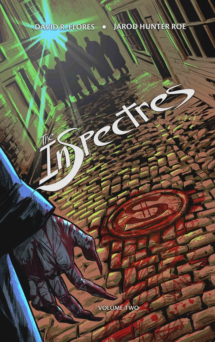 Shadowy figures on cobblestone street with glowing green light