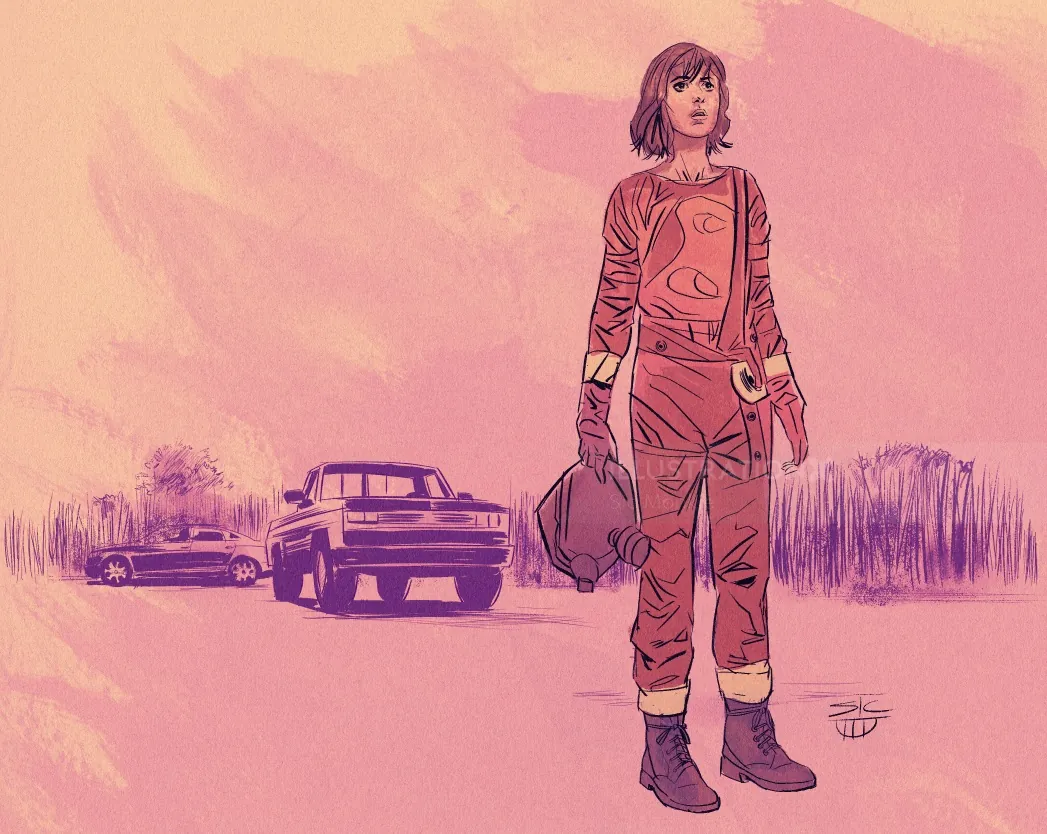 Young woman in red jumpsuit holding helmet near a car in pink landscape