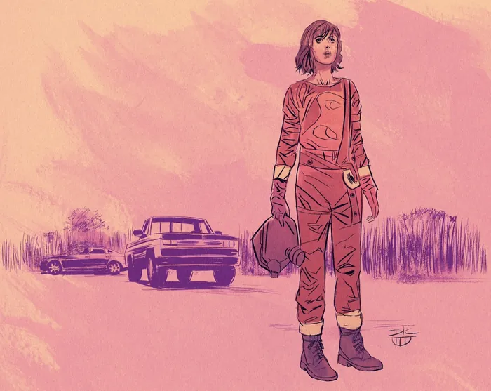 Young woman in red jumpsuit holding helmet near a car in pink landscape