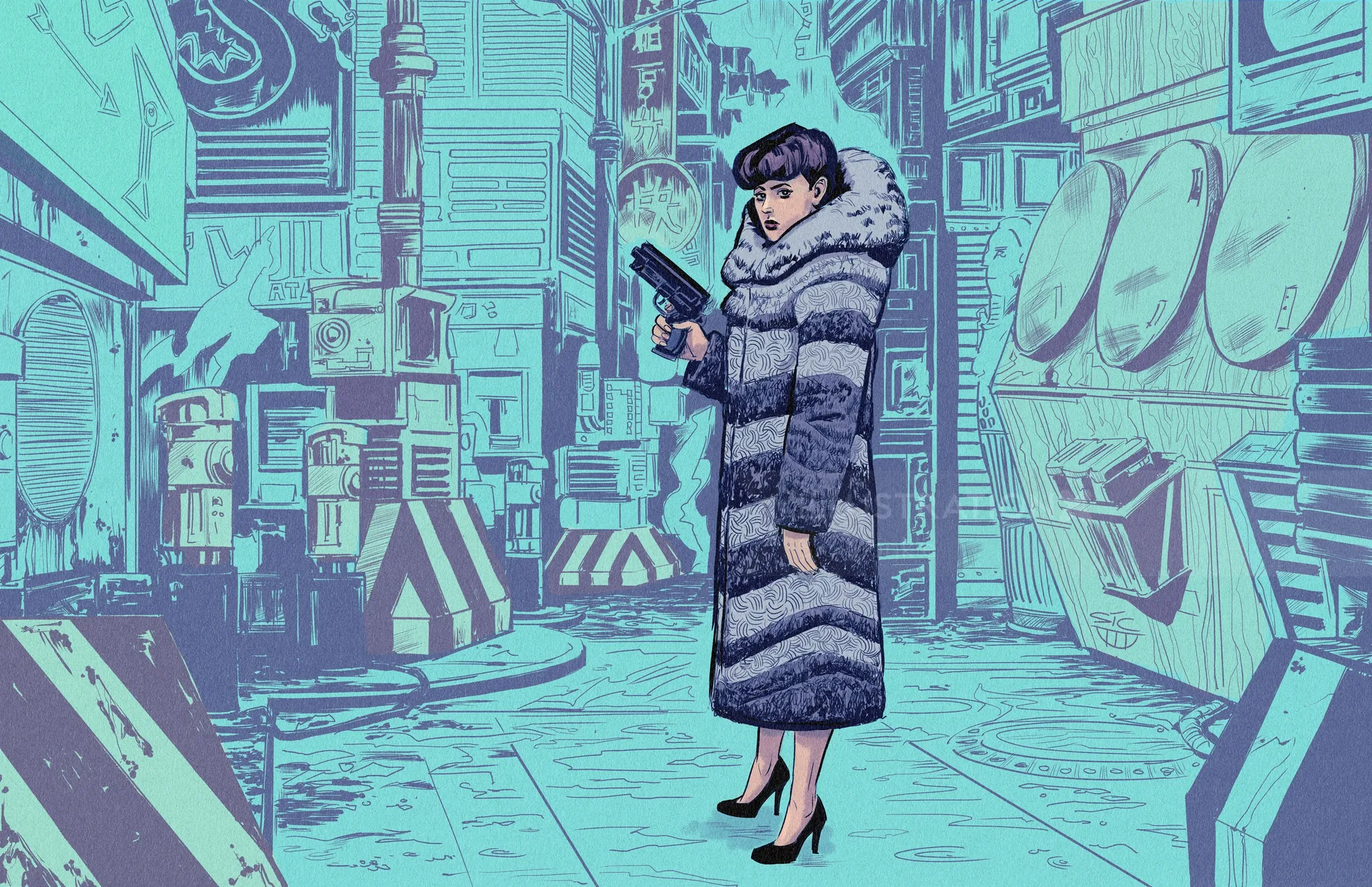 Woman in striped coat holding a gun in a futuristic city alley