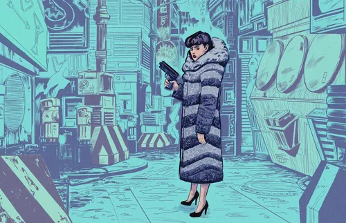 Woman in striped coat holding a gun in a futuristic city alley