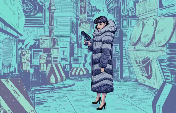 Woman in striped coat holding a gun in a futuristic city alley