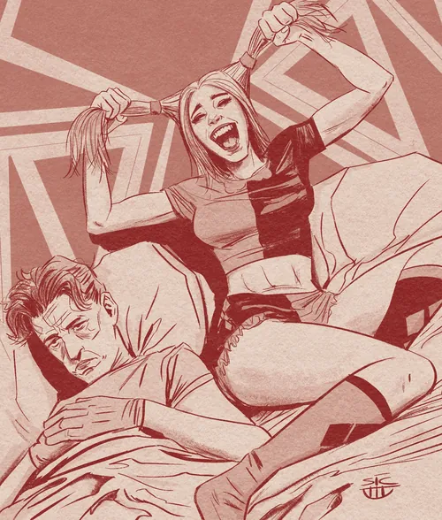 Young woman playfully pulling her hair while man lies tired nearby