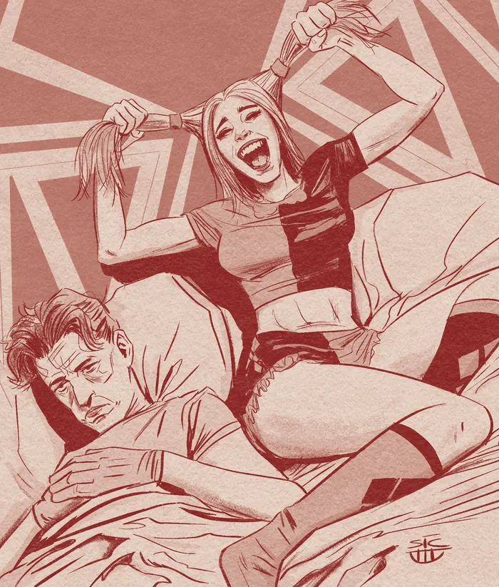 Young woman playfully pulling her hair while man lies tired nearby
