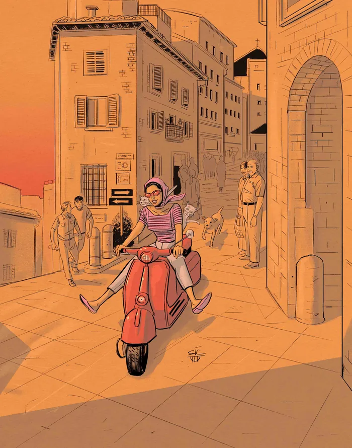 Person riding red Vespa scooter on sunny cobblestone street