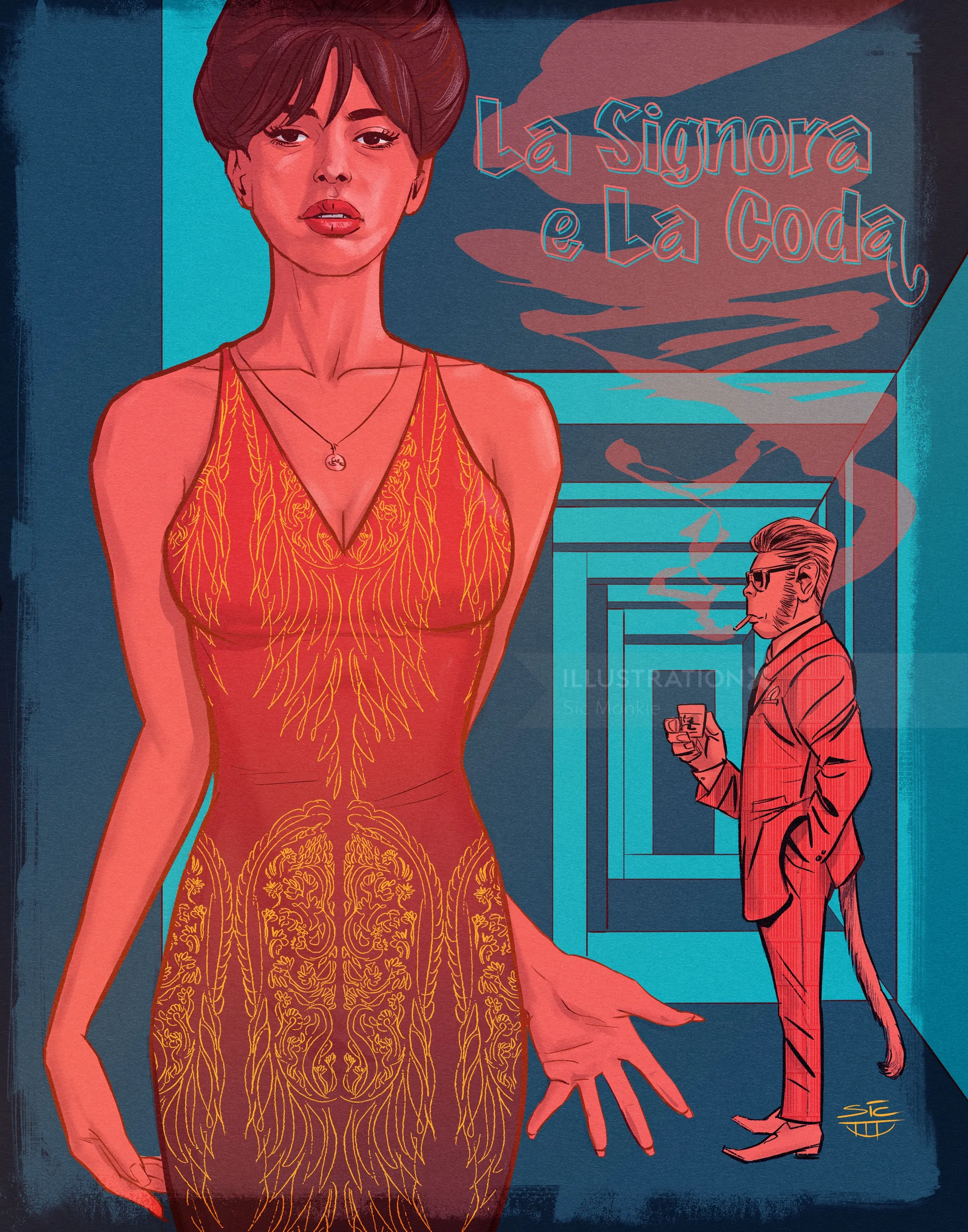 Woman in orange dress with man in background holding a drink