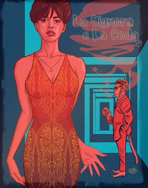 Woman in orange dress with man in background holding a drink