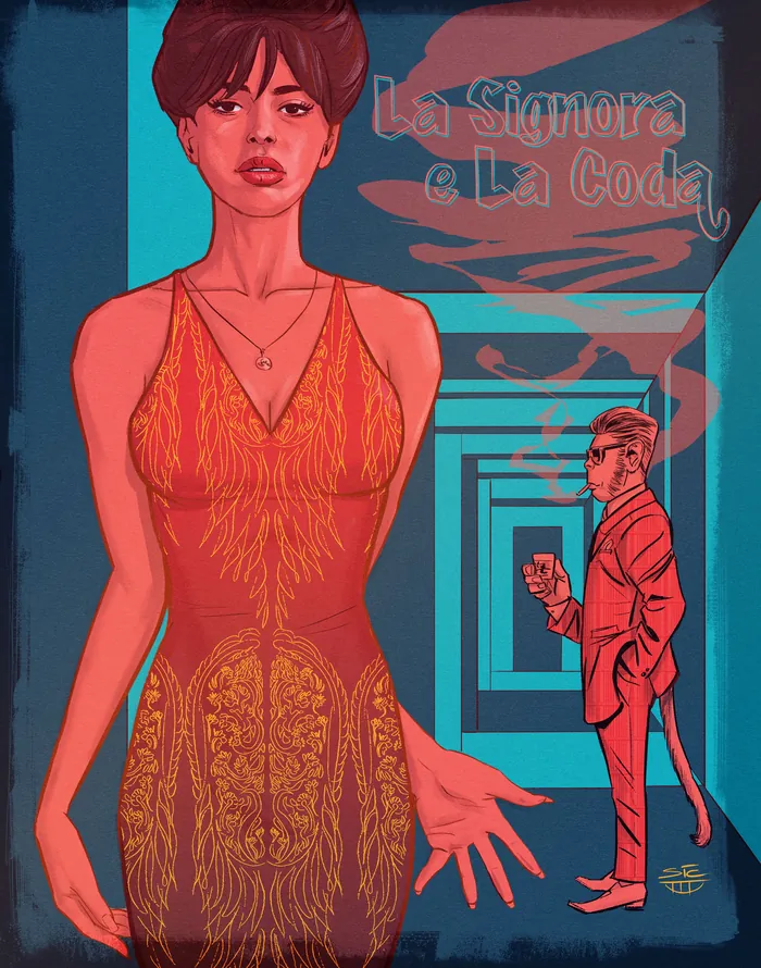 Woman in orange dress with man in background holding a drink