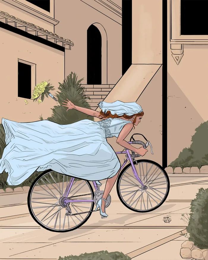 Woman in white dress riding bicycle with bouquet outdoors