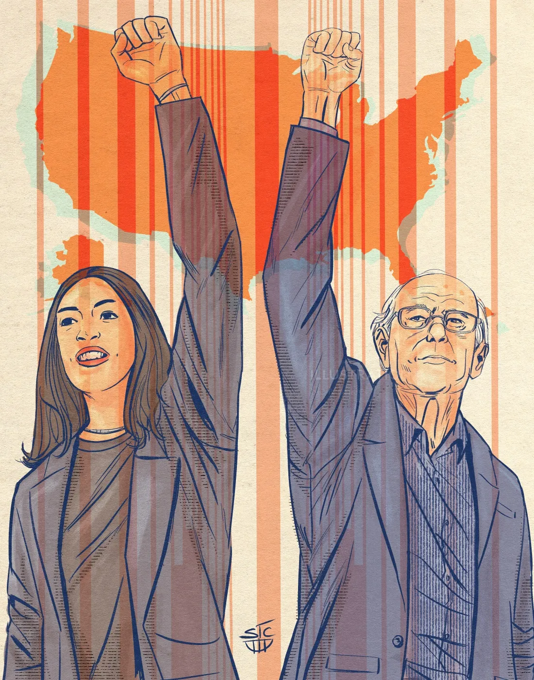 Young woman and older man raising fists with USA map background